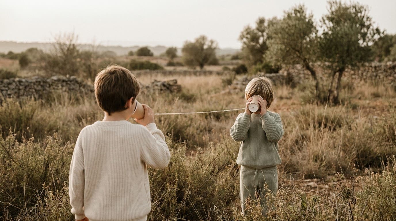 Children using paper cups connected by string as a telephone